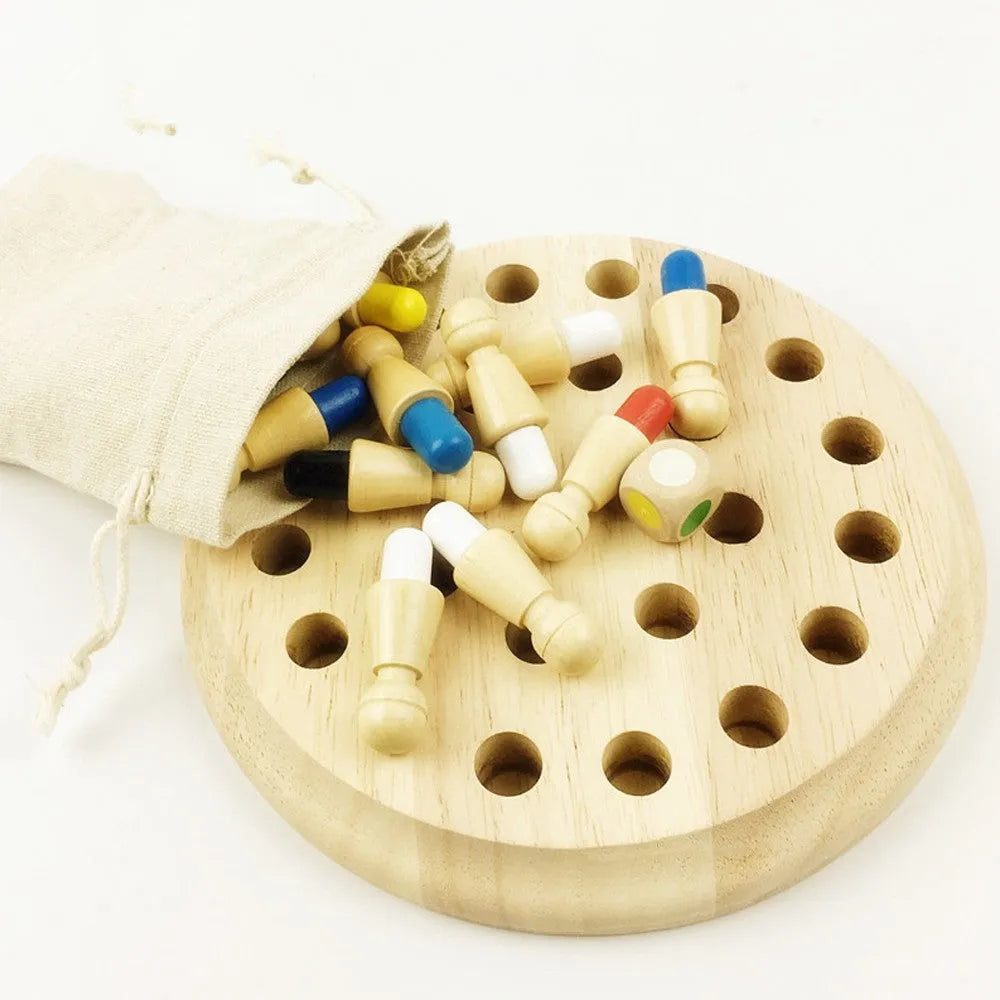 Montessori beech wood memory match stick chess game with green pieces on a wooden board.