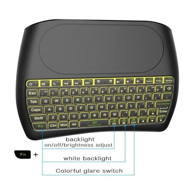 Black D8 Pro compact wireless keyboard with 78 keys and an integrated touchpad on a desk.