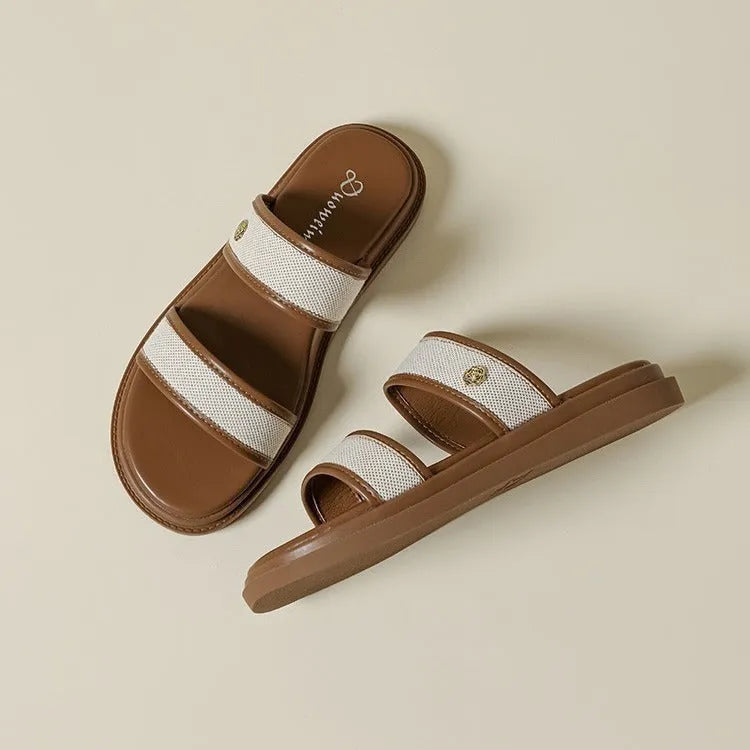 Women's vintage brown soft-bottom flip-flops with artificial PU upper