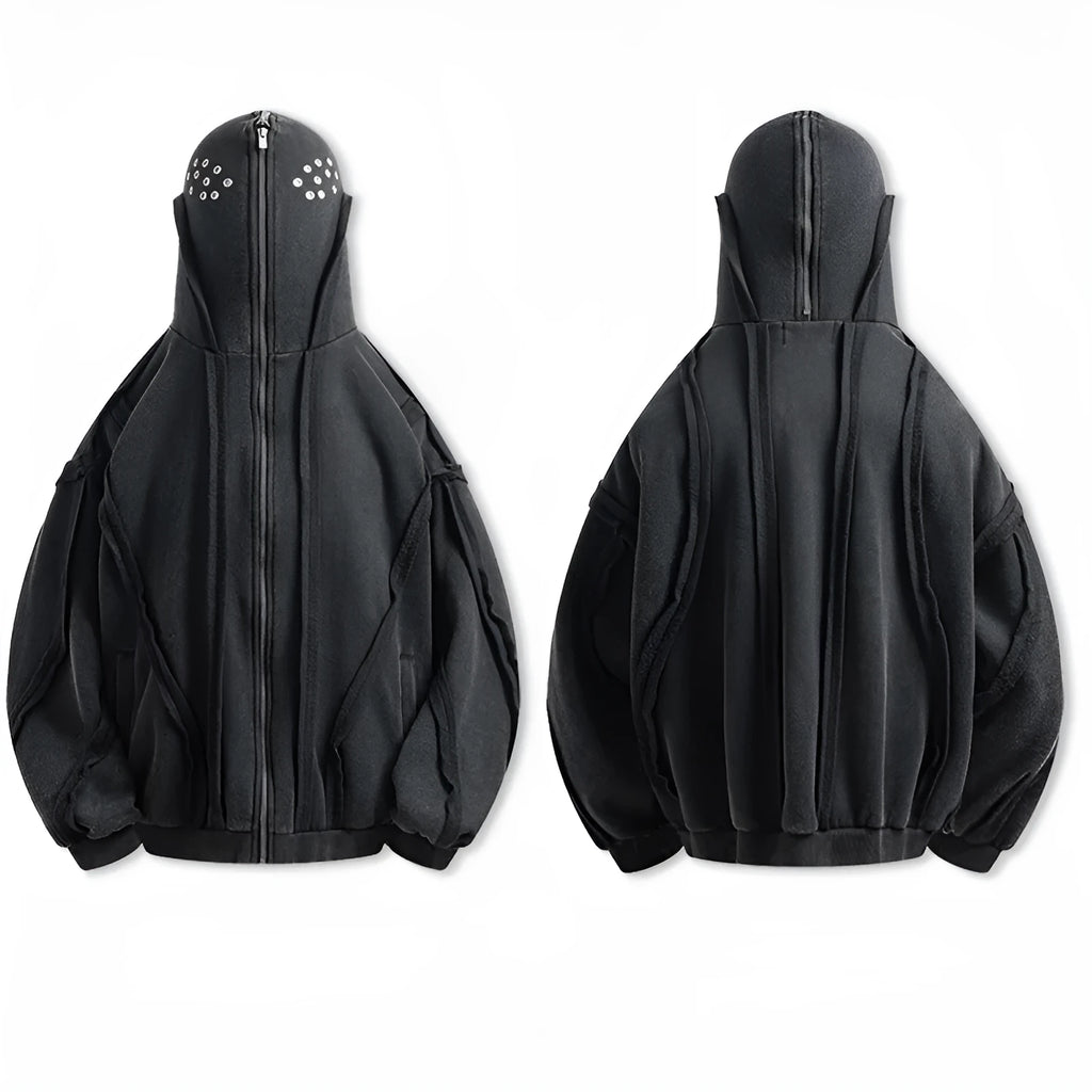 Black loose-fit men's hooded cardigan coat with a zip front on a model.