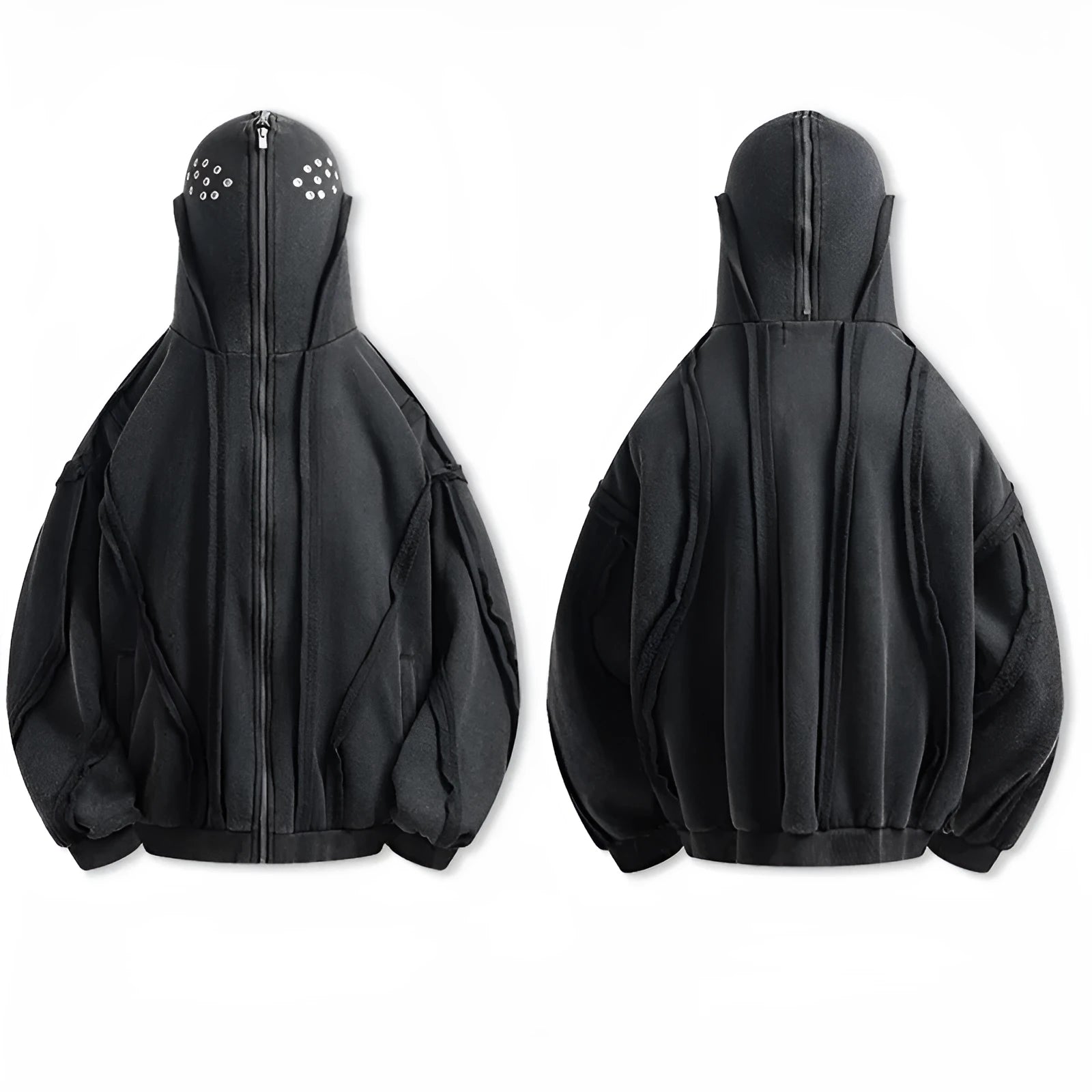 Black loose-fit men's hooded cardigan coat with a zip front on a model.