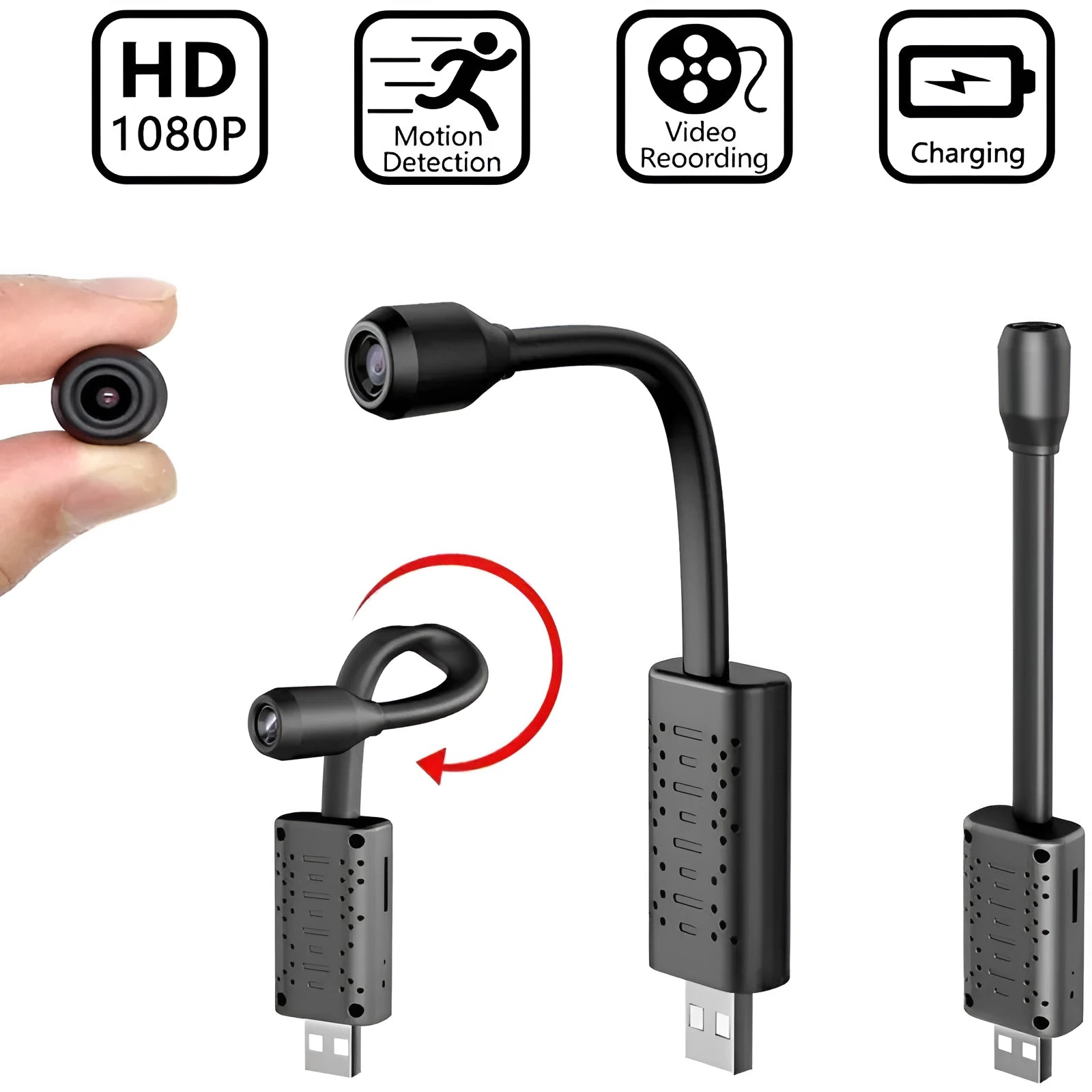 Black V380 wireless USB HD camera showing compact dimensions.