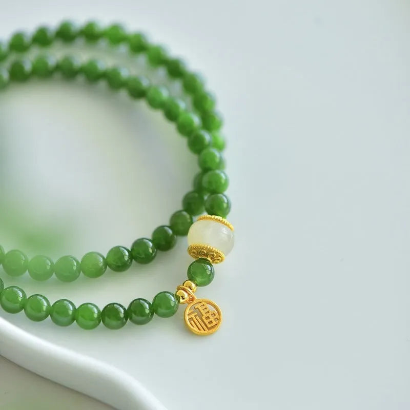 Women's double circle Hetian jade bracelet with geometric 6mm beads and fu character charm
