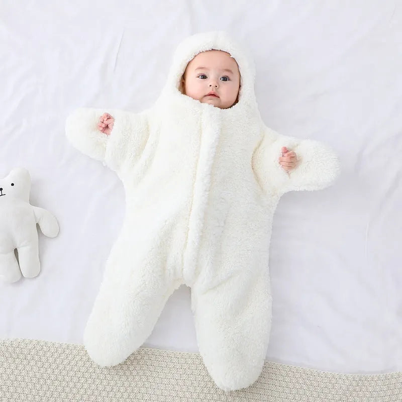 Cashmere and cotton baby sleeping bag with hood, zipper, and cuffs for 0–6 month winter use