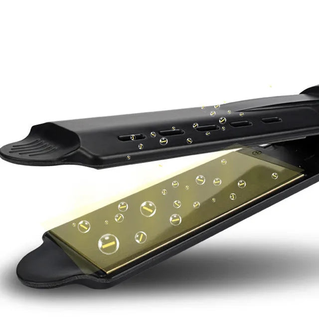 Black four-speed thermostat hair straightener with tourmaline ceramic plates, LCD control, and anti-scald groove design
