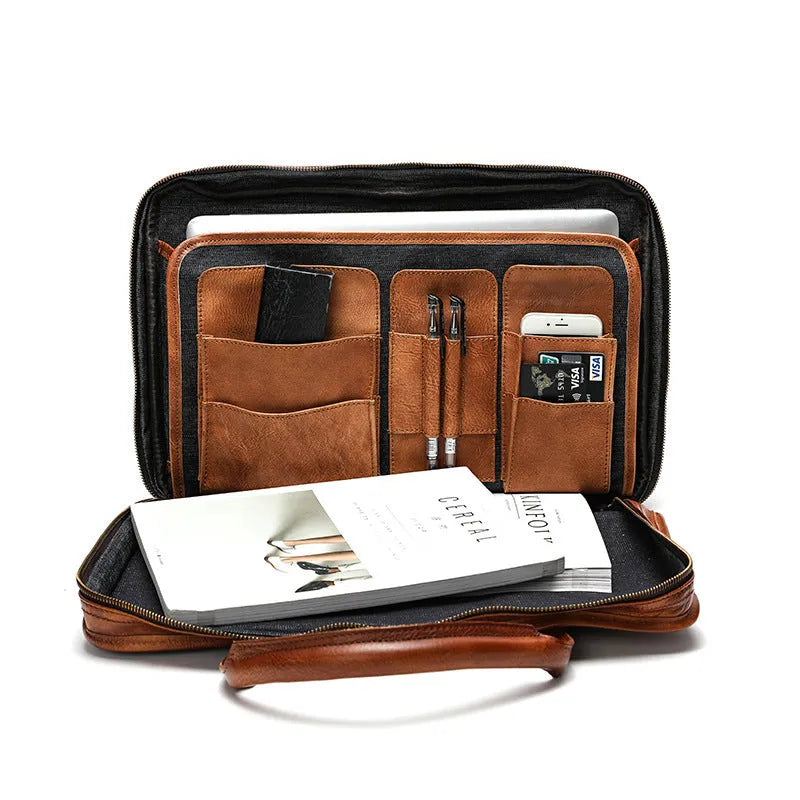 Black top grain cowhide leather men's briefcase showing its horizontal square shape and internal organiser pockets.