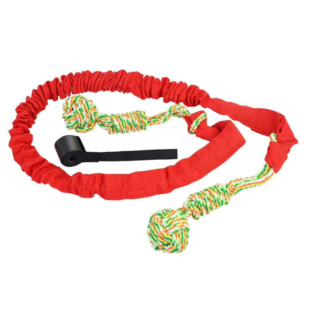 Cotton rope dog tug toy for interactive play and dental grinding, shown in black, grey, or red.