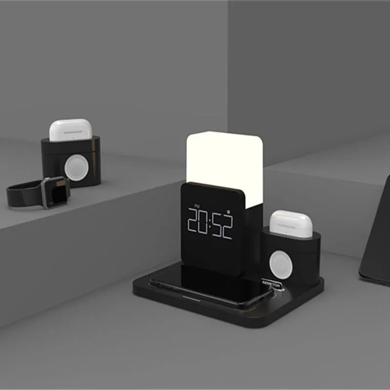 A folding 3-in-1 wireless charger stand for an iPhone, Apple Watch, and AirPods in dark green