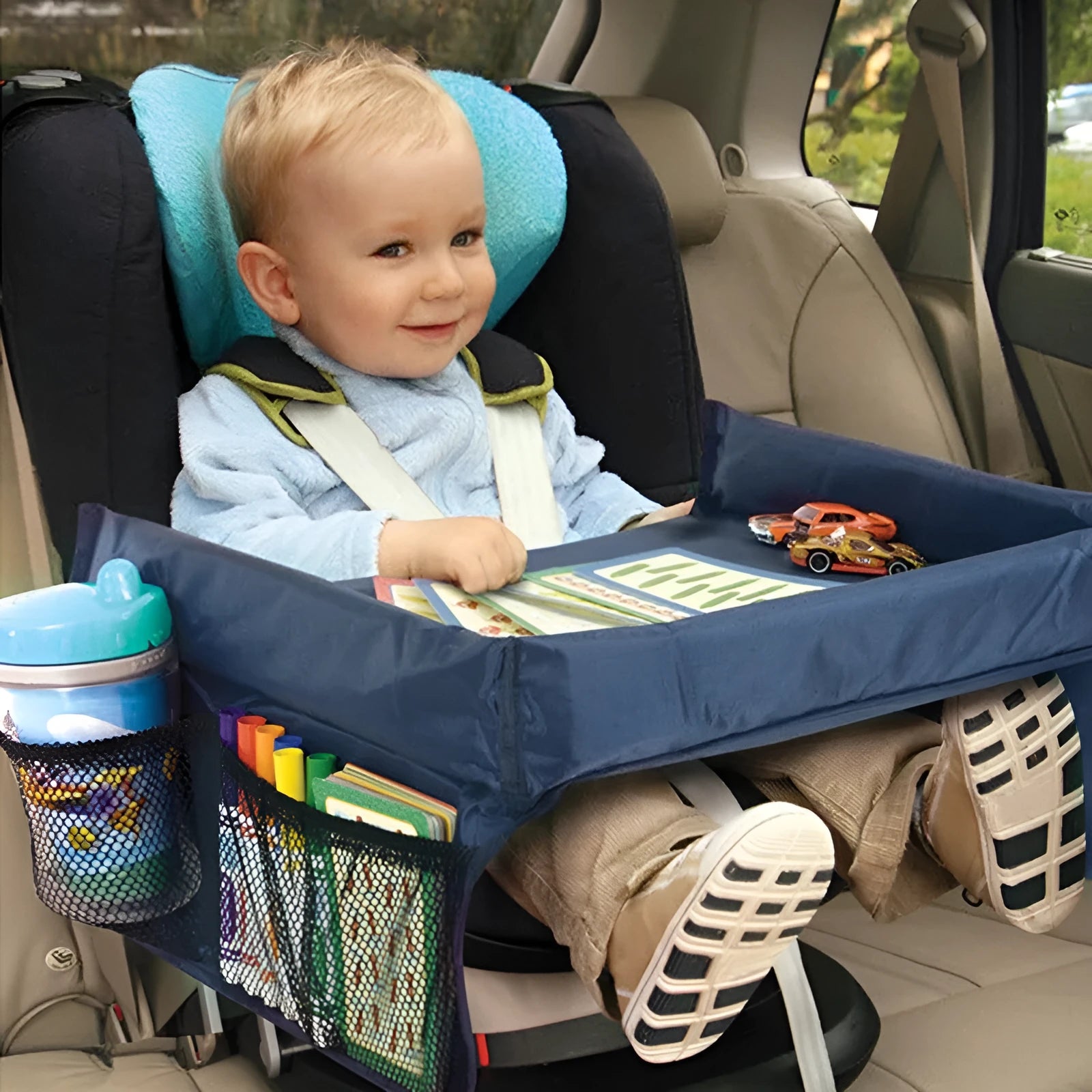 Vehicle-mounted waterproof children's toy table tray in dark blue, approximately 33 x 40 cm