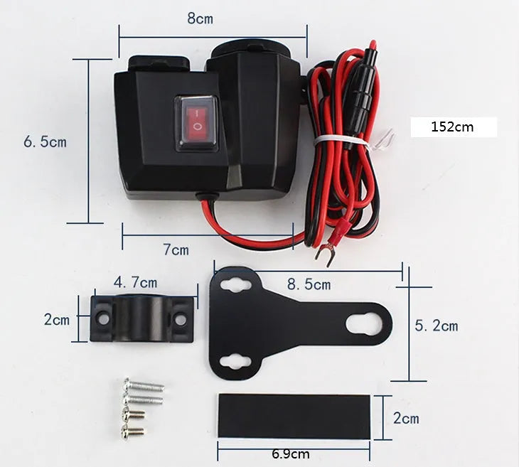 Motorcycle USB waterproof charger dual ports voltmeter model CD-3028 black handlebar mount