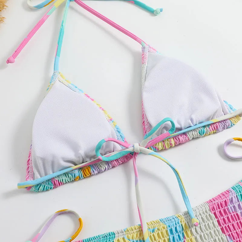 Women's triangle bikini set with smocked bandeau front in multicolour gradient floral print