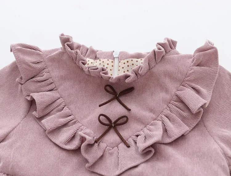 Korean long sleeve baby girl dress in pink or purple, sizes 6M to 42M with size chart measurements.