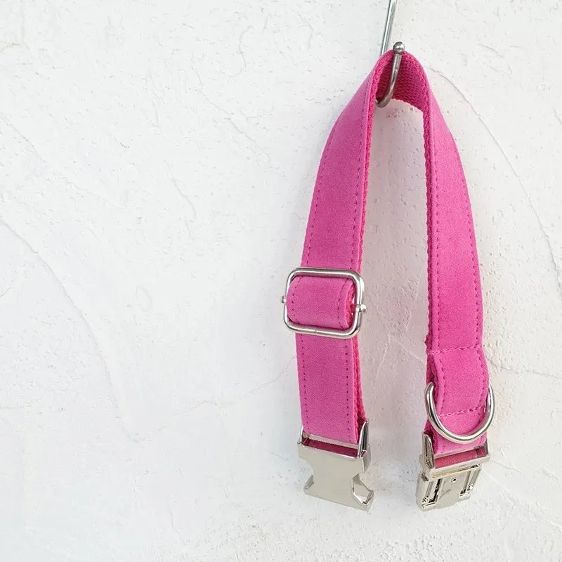 Pink velvet dog collar leash set on white background adjustable sizes XS to XL