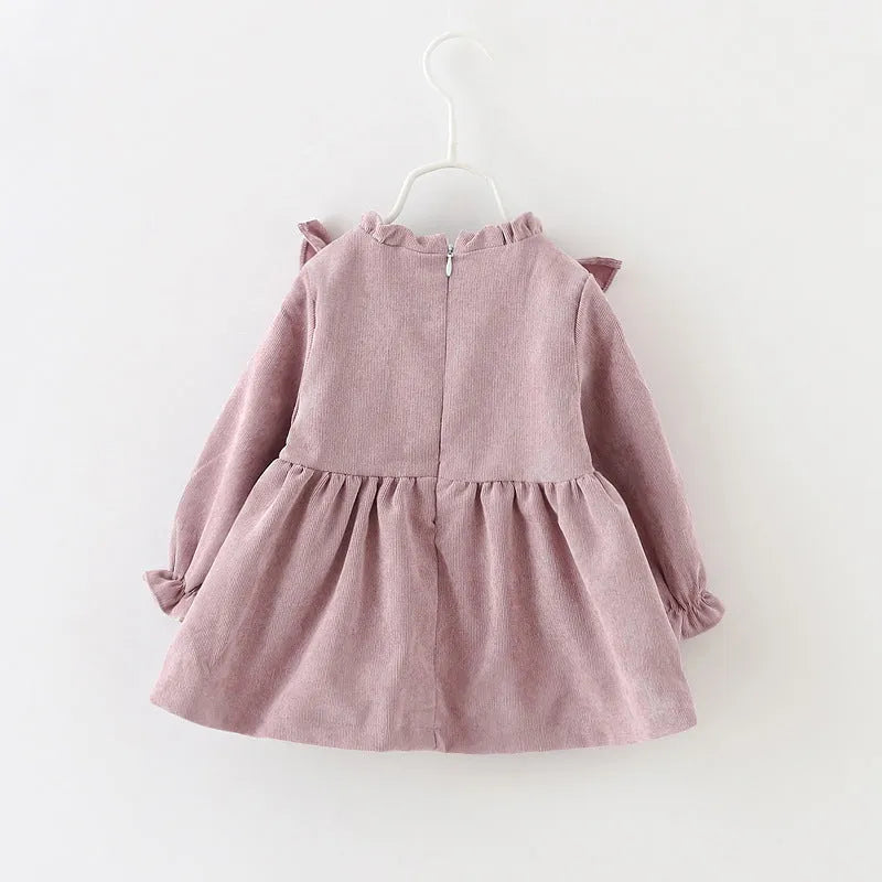 Korean long sleeve baby girl dress in pink or purple, sizes 6M to 42M with size chart measurements.