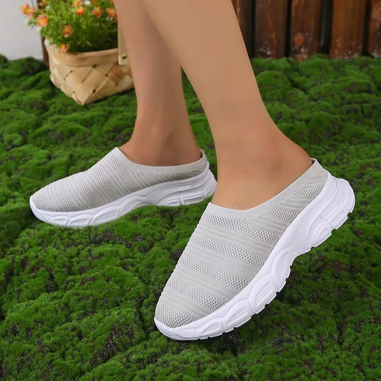 Women's mesh casual wedge heel slipper in beige with round toe and rubber sole