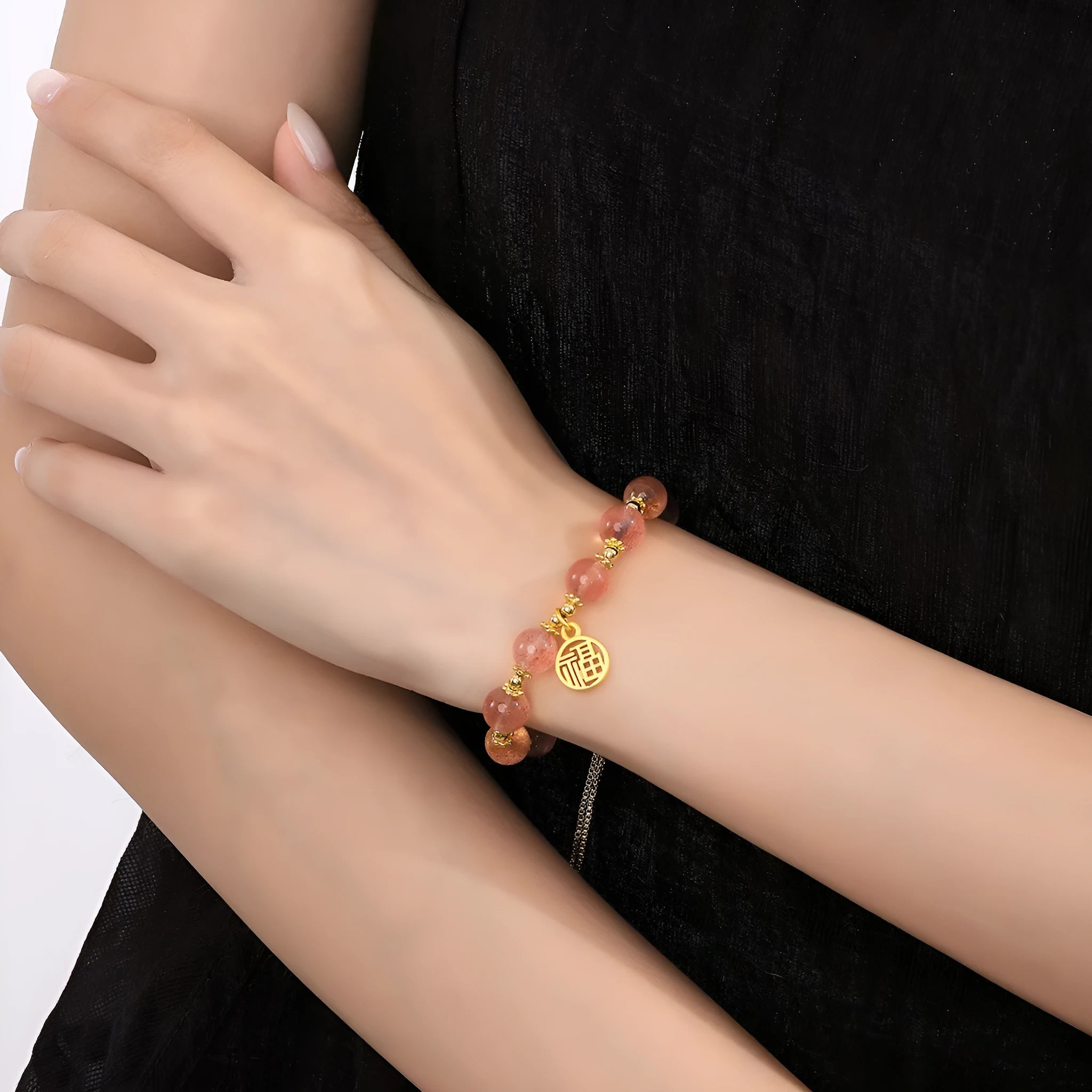 Pink strawberry quartz geometric bracelet with electroplated finish and fu character detail