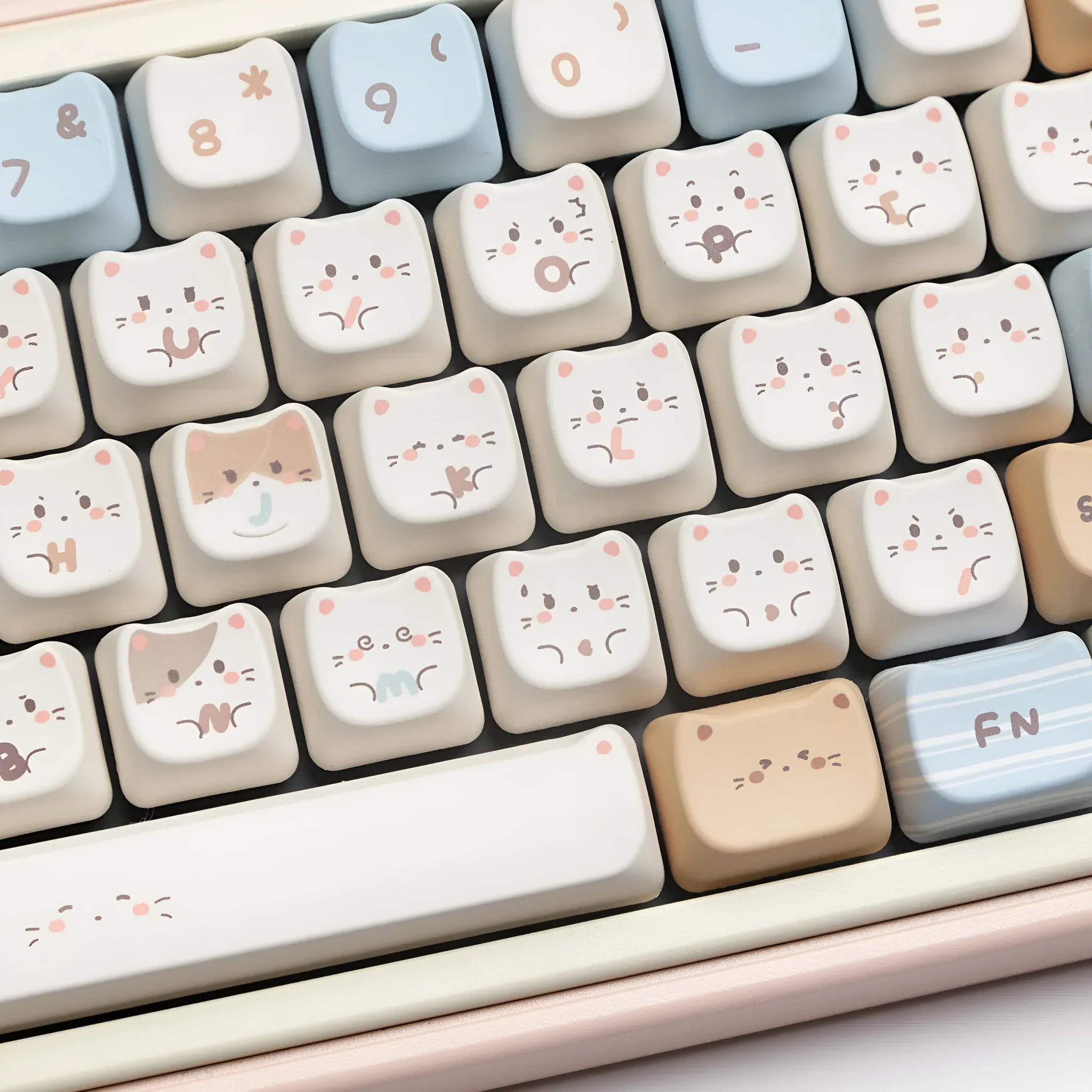 Sea Salt Cat design PBT key cap set showing sublimation printed artwork on keyboard keys