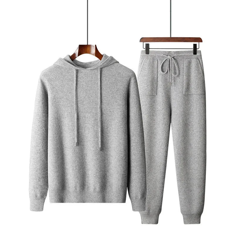 Men's light gray cashmere hooded knitted sweatshirt and matching long pants set for winter leisure wear