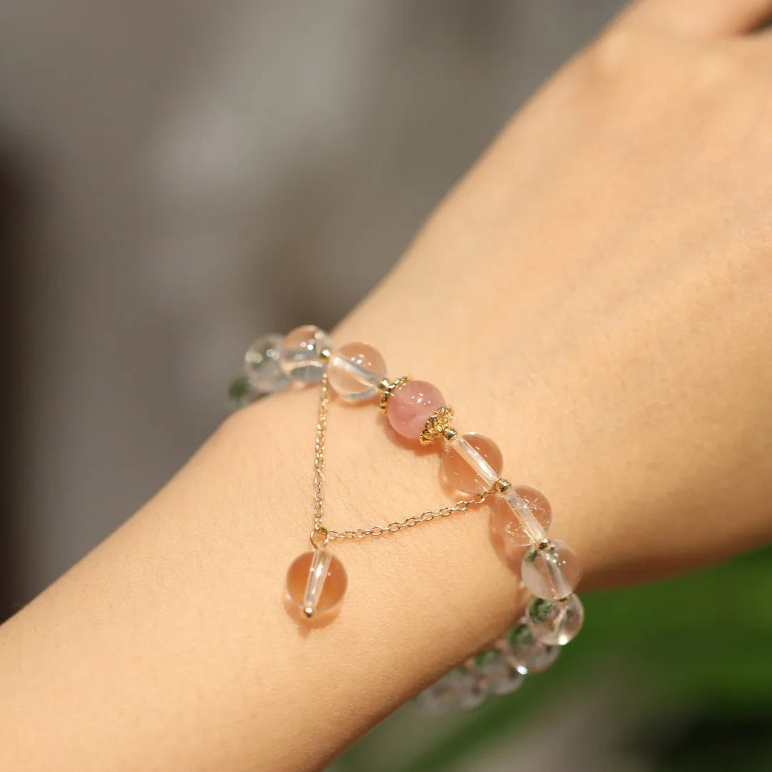 Geometric crystal bracelet with Chinese auspicious patterns in white and pink crystal beads