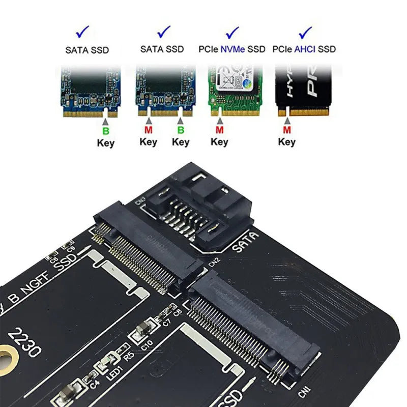 Black M.2 SSD adapter card with two M.2 B Key and M Key slots on PCIe X4 board