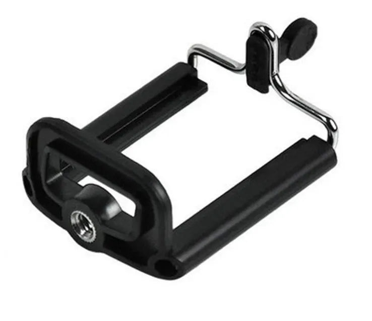 Black mini desktop camera tripod with extended legs and a U-shaped phone clip attached, on a white background.