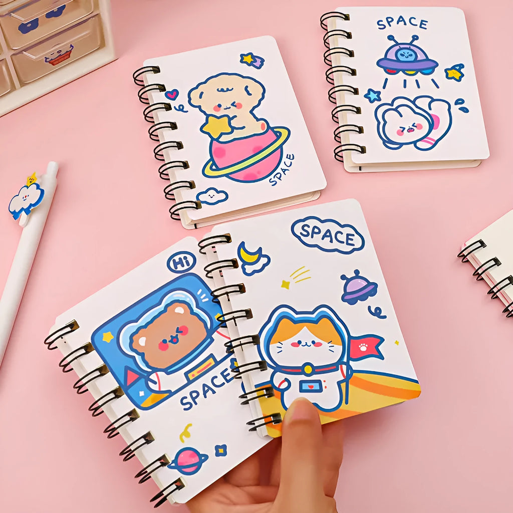 Astronaut series pocket flipper notebook in 10.5x8cm size with space-themed cover designs.