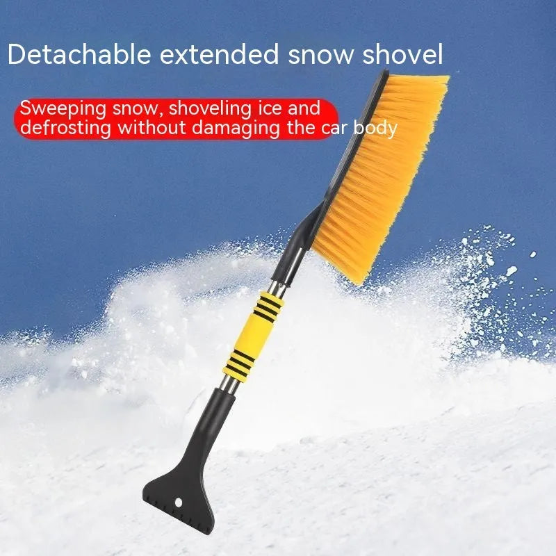 Blue and yellow long-handled car snow brush and ice scraper with plastic construction