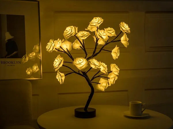 White and red rose flower LED table lamp with bonsai tree design and warm white lights