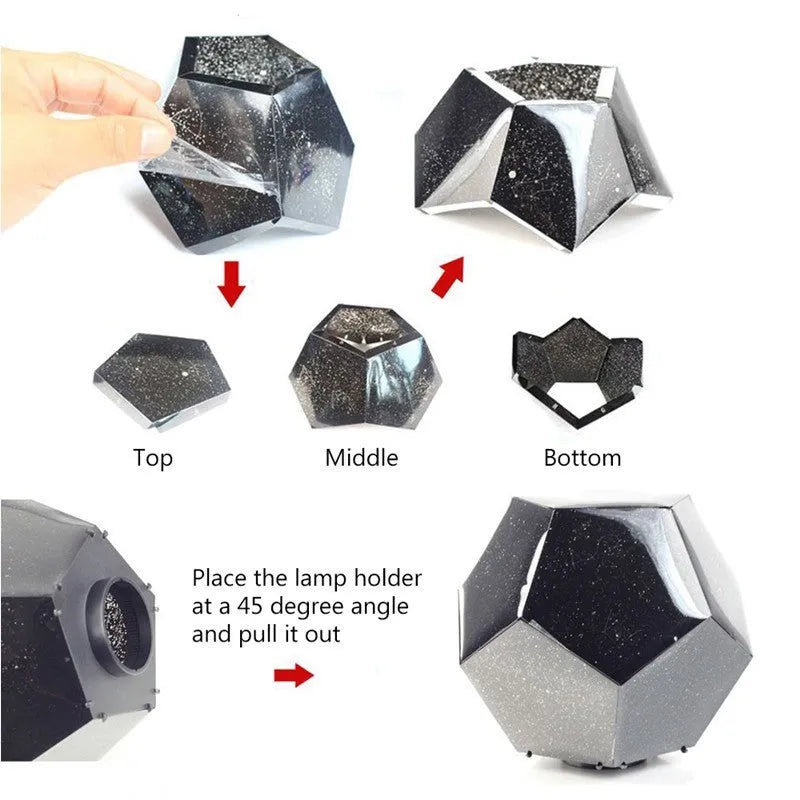 Plastic LED star projector lamp projecting blue constellations on a wall.