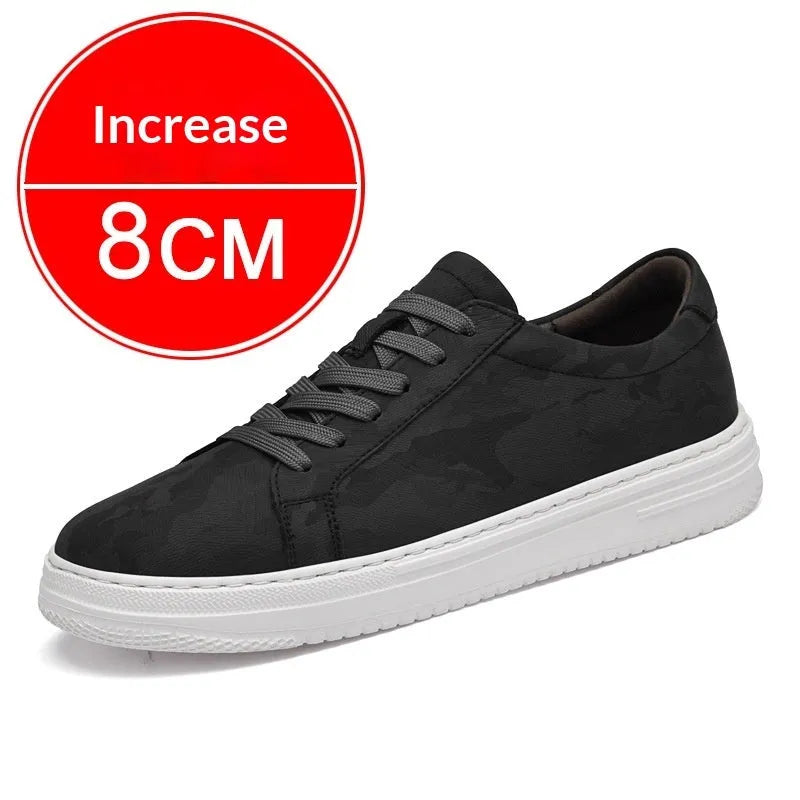White, black, or beige low-top casual sneakers with hidden platform sole, microfiber upper, front laces, and 6 cm or 8 cm height increase.