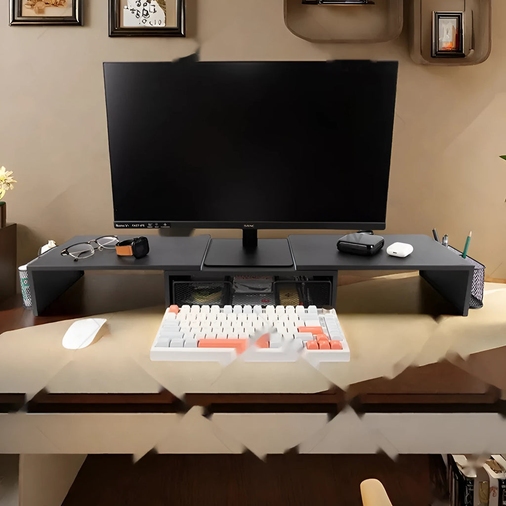 Dual-station desktop monitor rack in wood finish on a desk with laptops