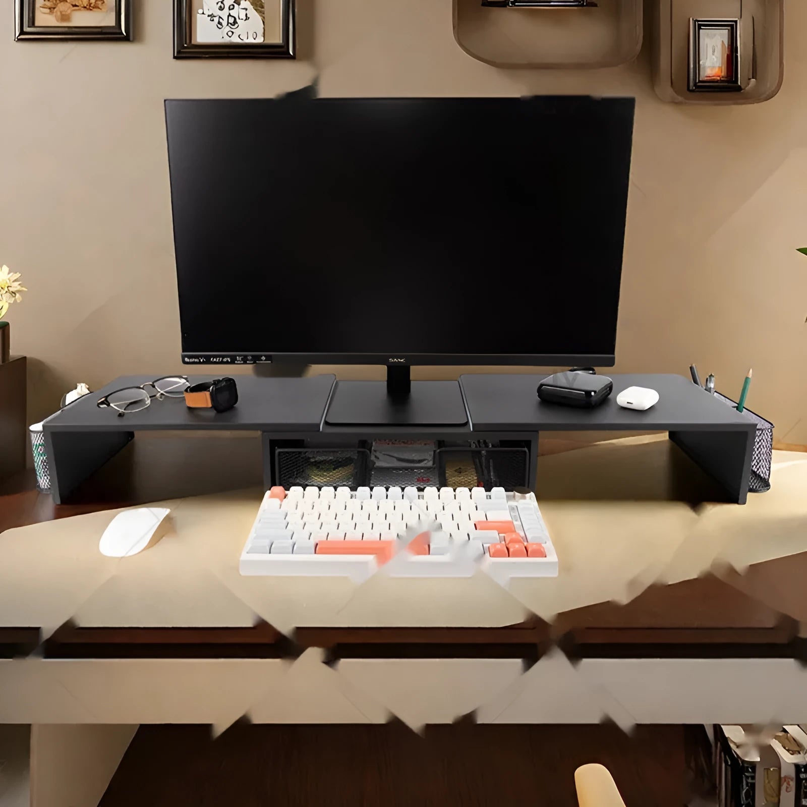 Dual-station desktop monitor rack in wood finish on a desk with laptops