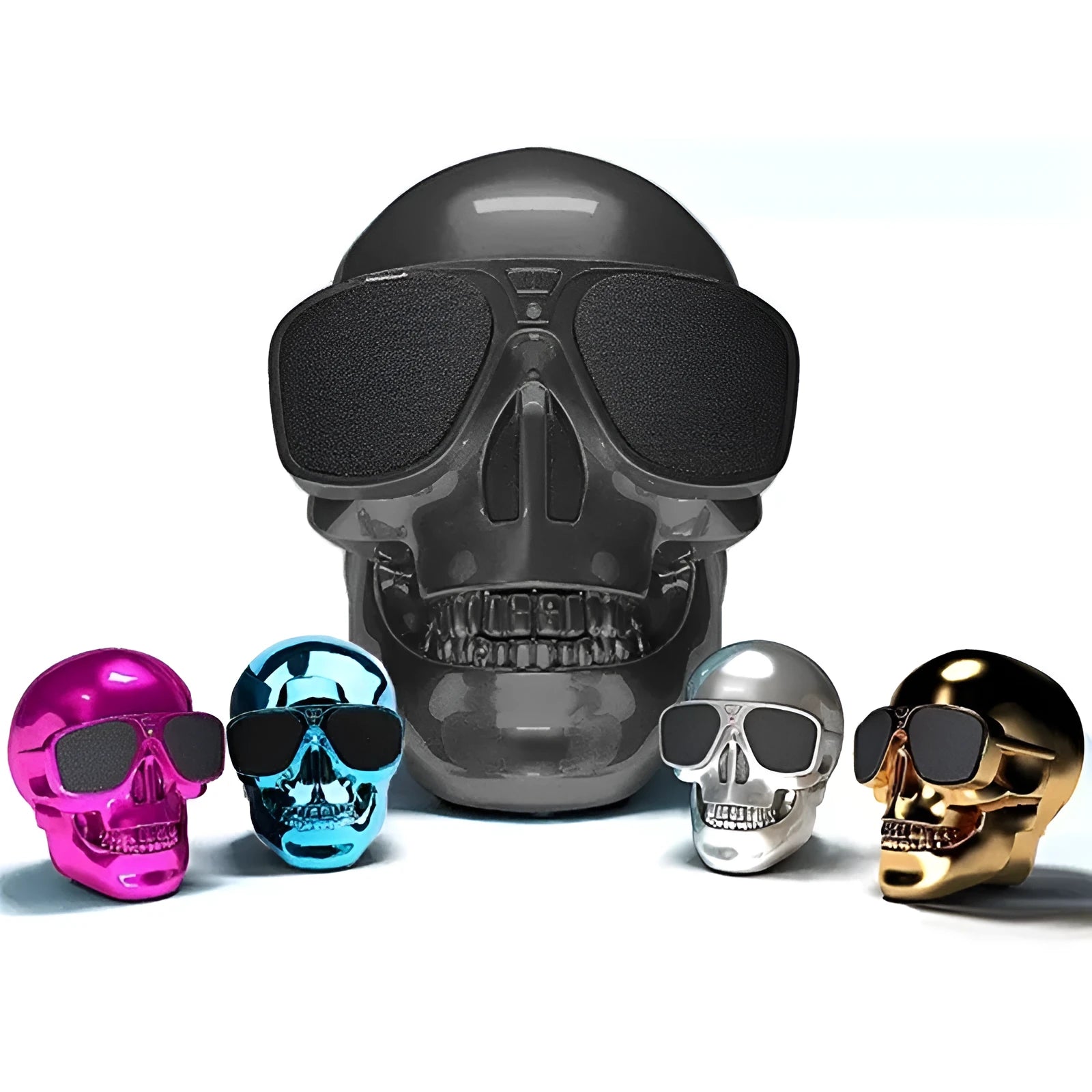 Skull-shaped wireless Bluetooth speaker with rechargeable battery showing front detail and colour options