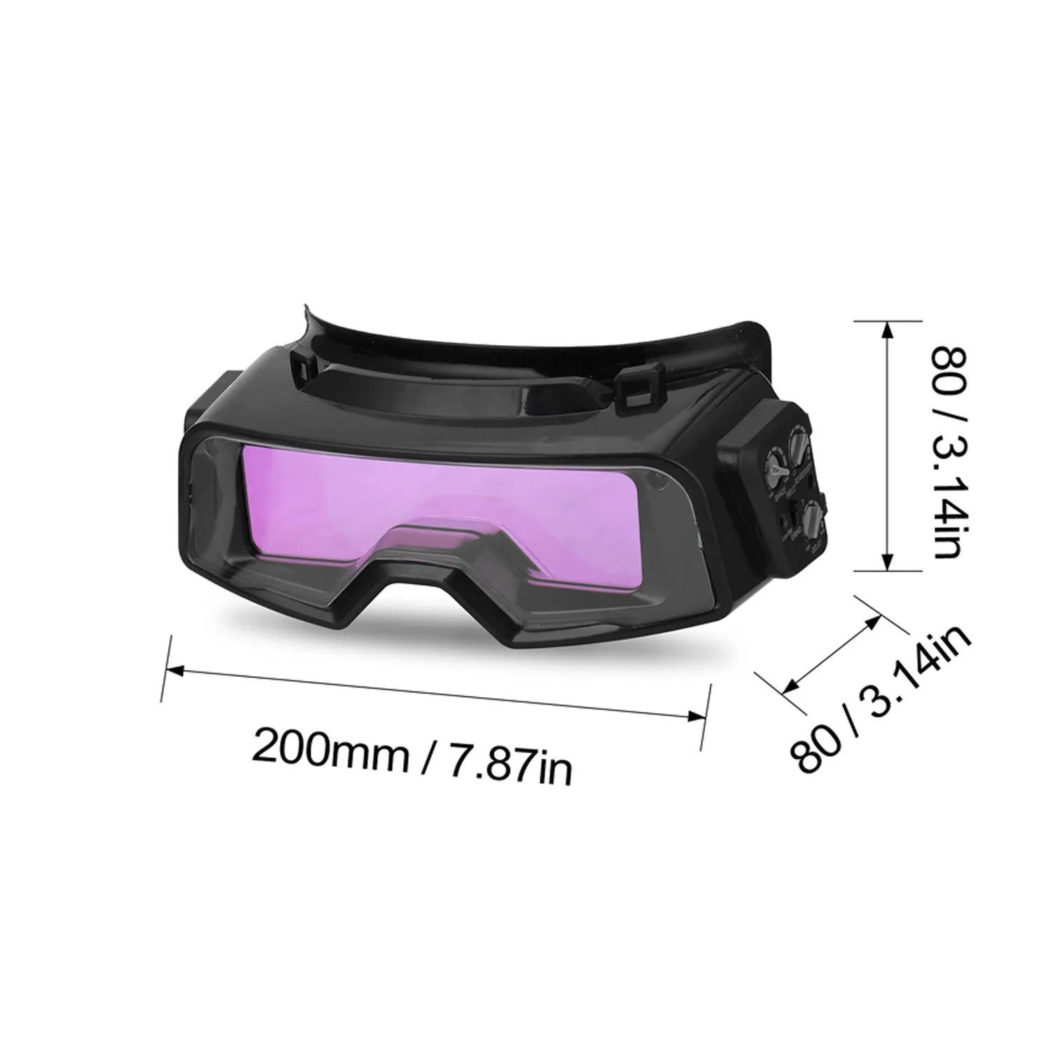 Black automatic darkening welding mask glasses with a large rectangular lens on a lightweight frame.