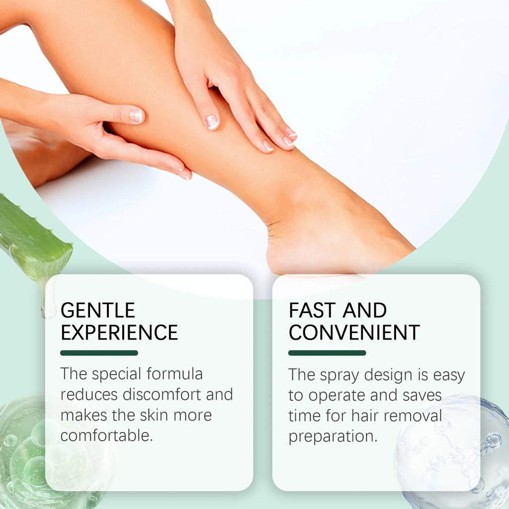 30ml bottle of moisturising hair removal spray with hyaluronic acid and aloe extract.