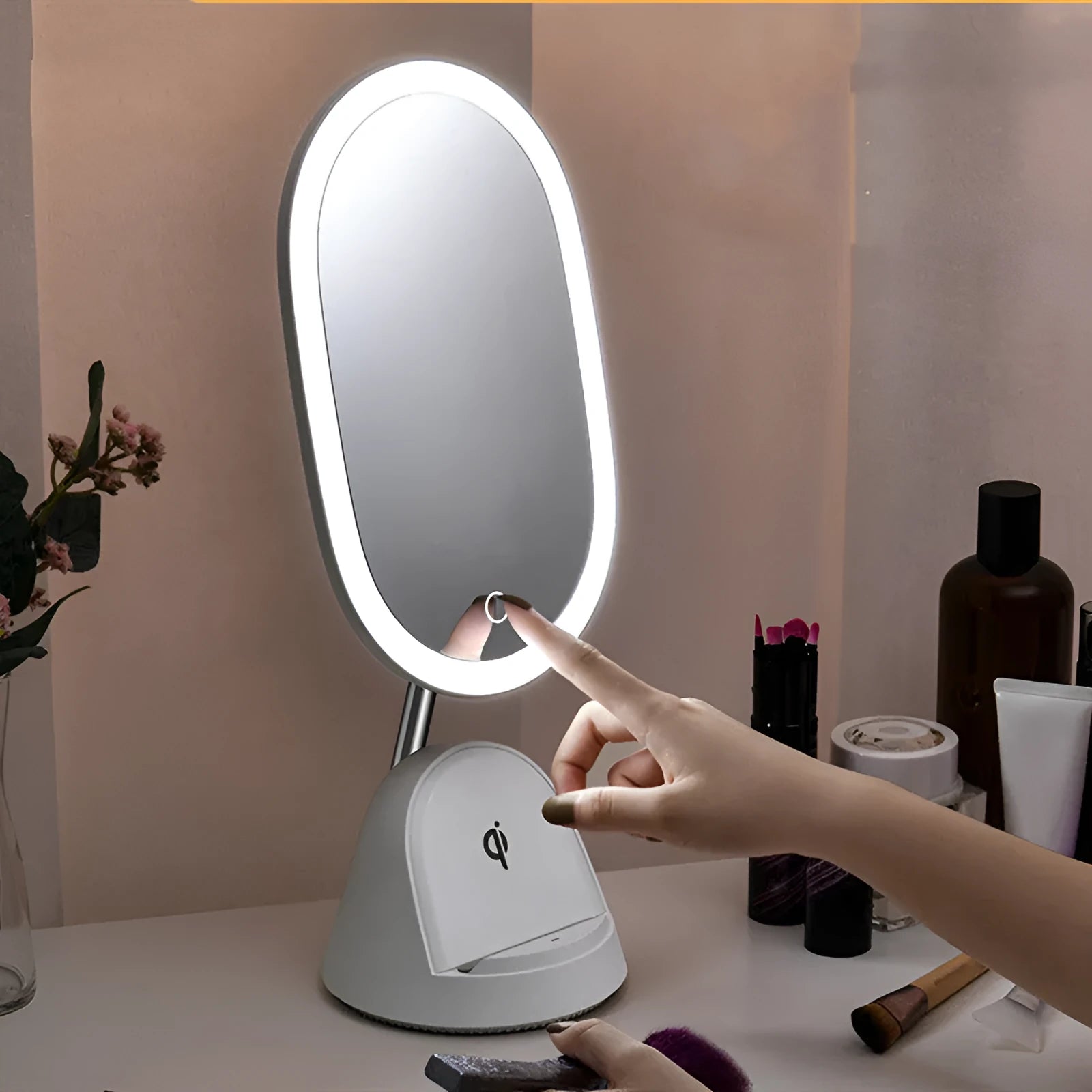 Multifunctional makeup mirror table lamp with UK plug in white or black colour on desktop