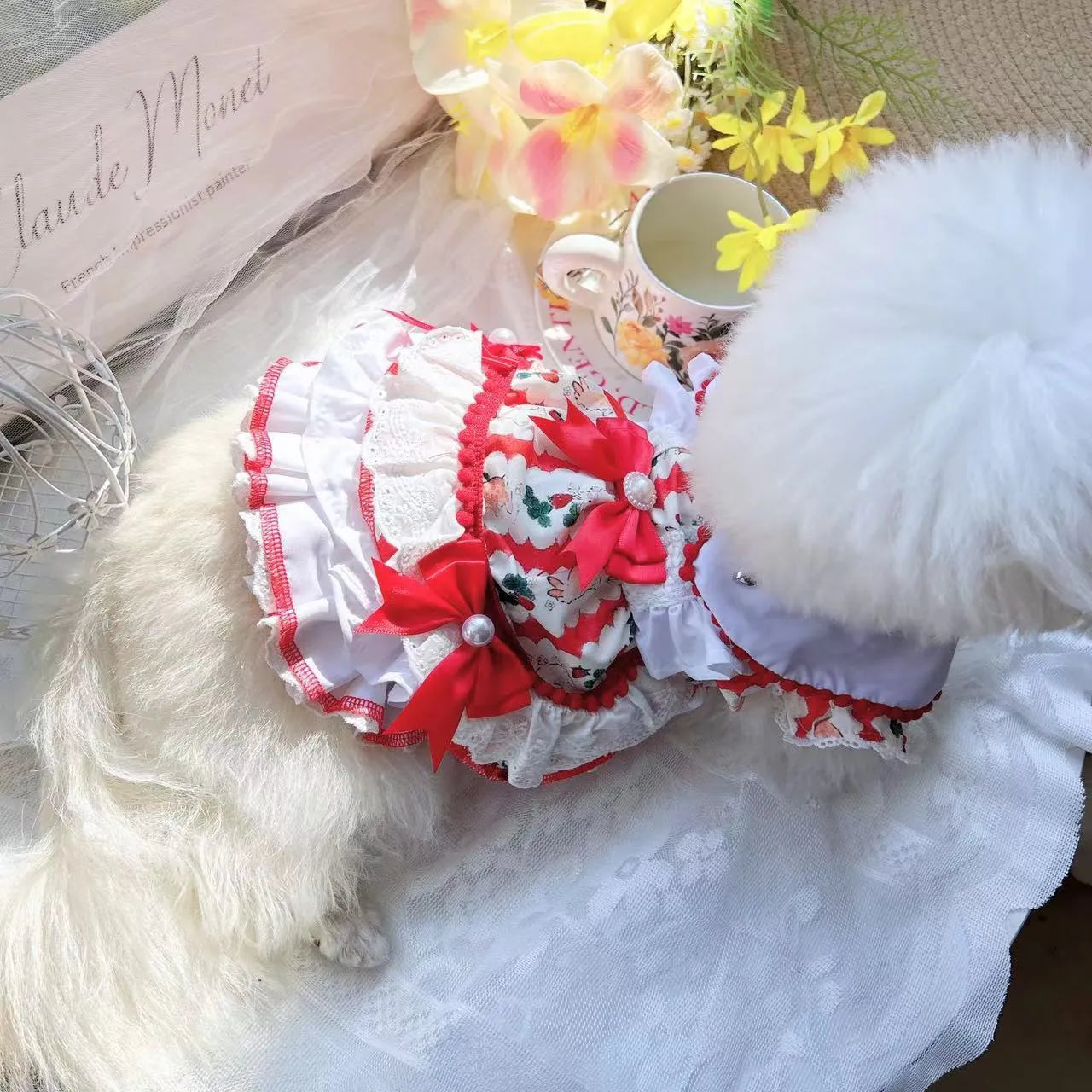 Polyester dog clothing in a rabbit skirt princess style, shown in multiple sizes for small pets.