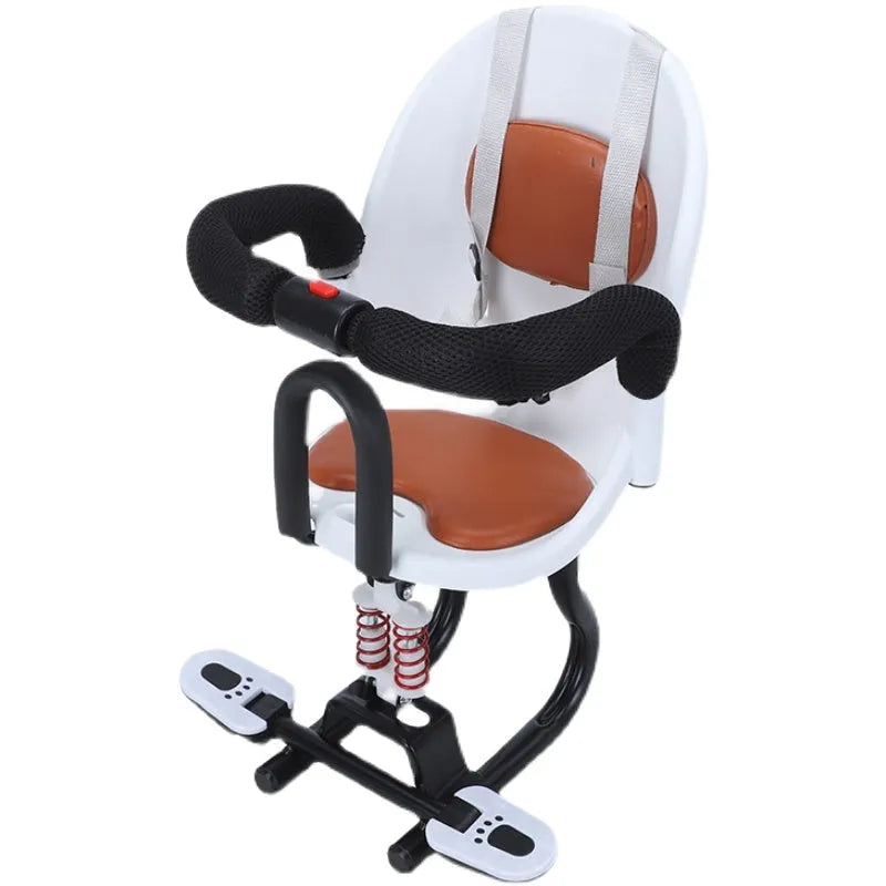 Front child seat for scooters in high carbon steel construction showing white, red and black colour options