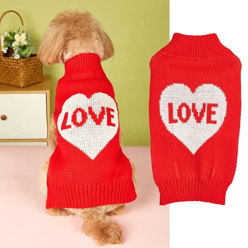 Red dog sweater with white love heart and bow design on a small dog