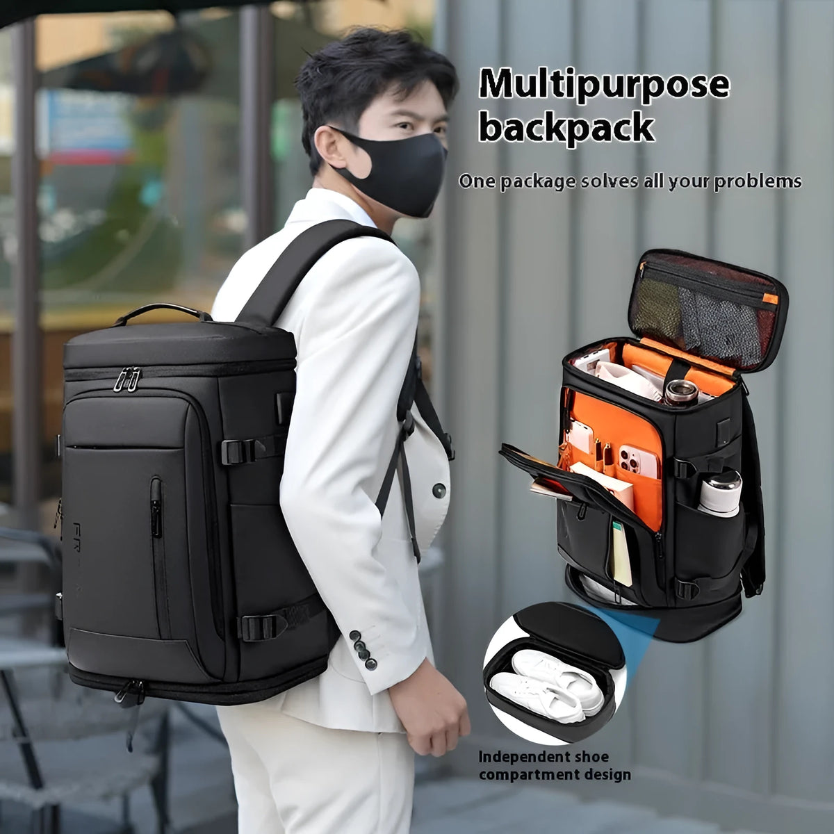 Black Oxford cloth travel bag with USB interface, curved shoulder strap, and 16-inch computer fit