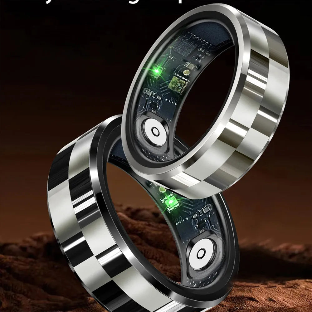 R9 Smart Ring with charging bin in black ribbon style showing health monitoring features