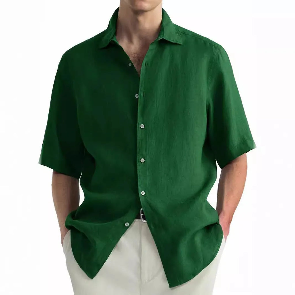 Green men's washed cotton casual shirt cardigan on a hanger, regular fit.