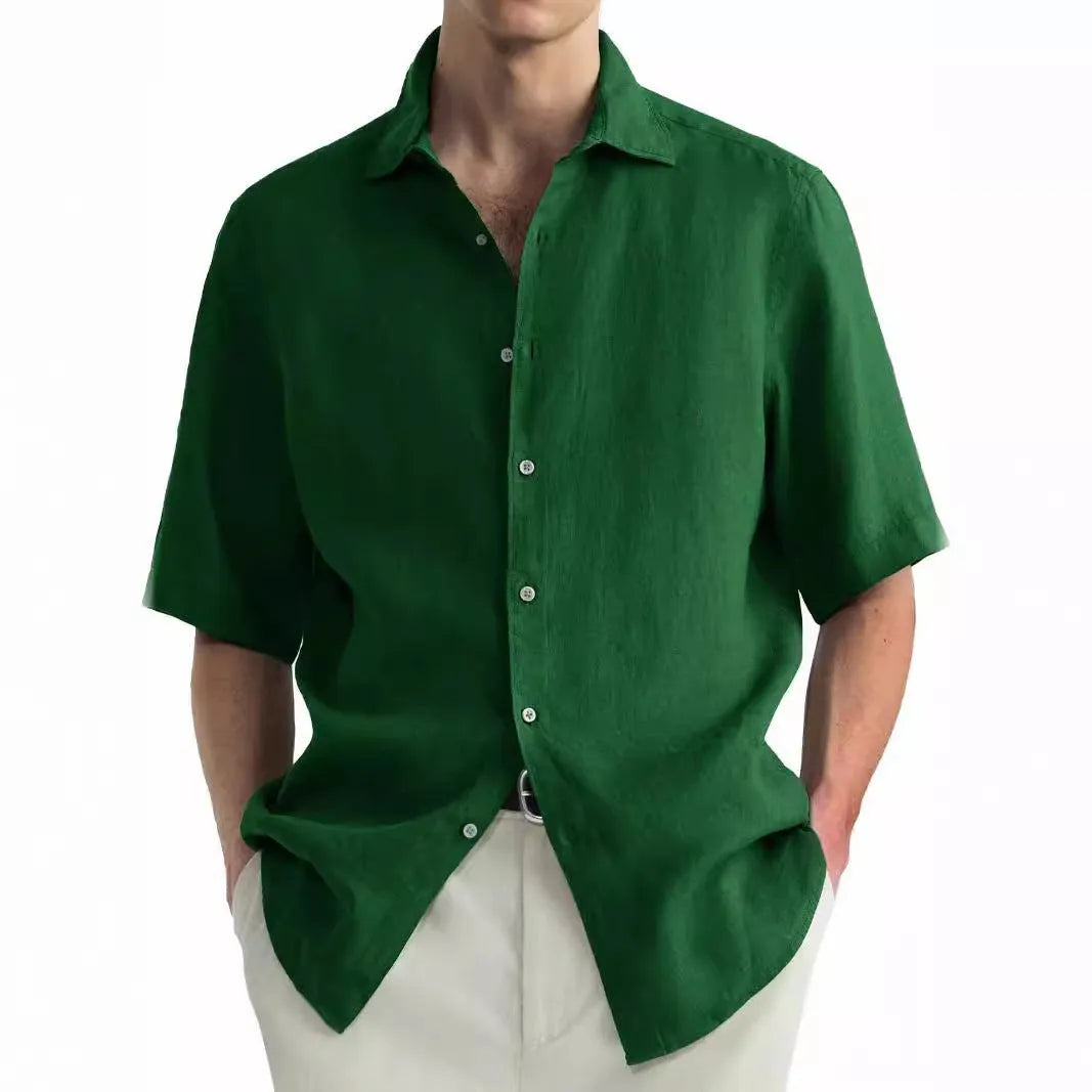 Green men's washed cotton casual shirt cardigan on a hanger, regular fit.