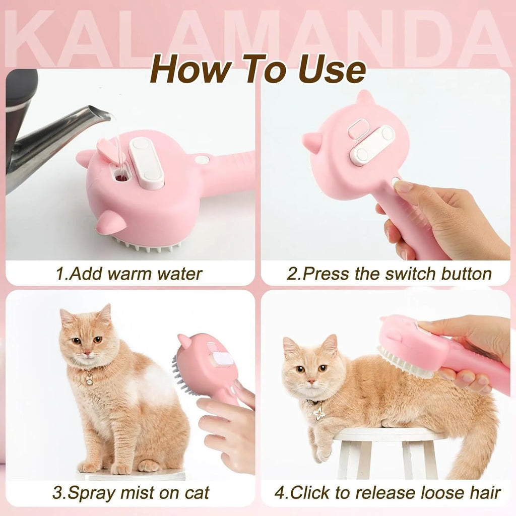 Blue pink yellow cat steam brush with ergonomic handle and rubber bristles for pet grooming