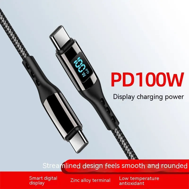 Black woven Type-C to Type-C data cable with digital display and zinc alloy connectors