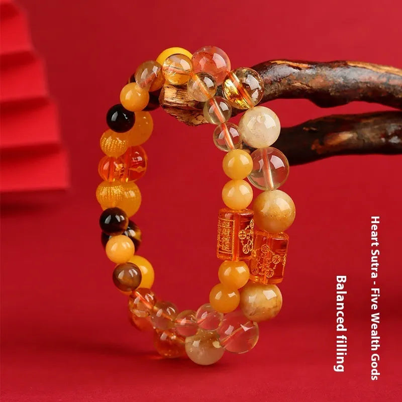 Five elements natural crystal bracelet with handmade geometry beads in gold wood water fire earth colours