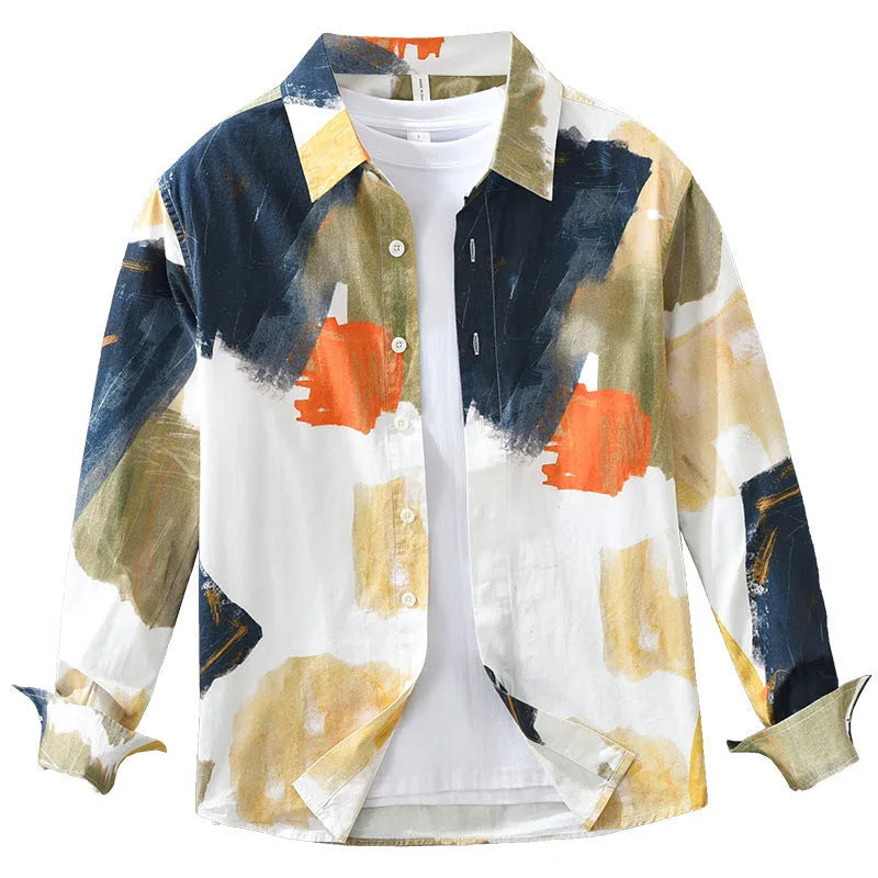 Women's printed colour cotton long sleeve loose cardigan on a hanger.