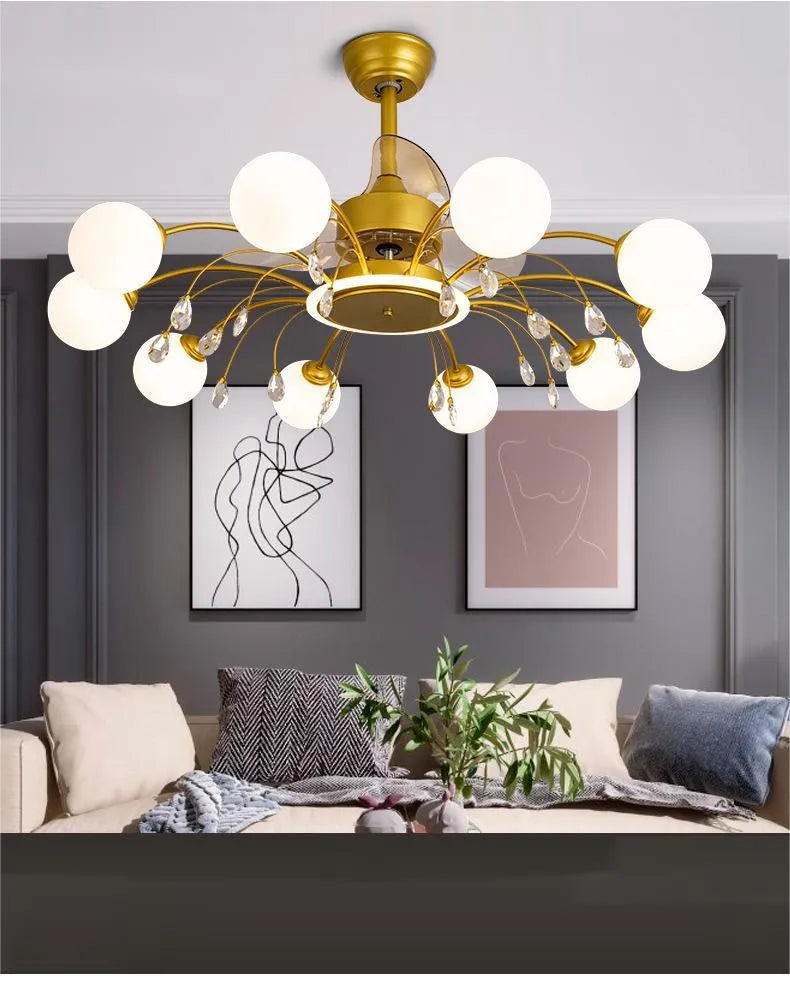 Black and gold ceiling fan lamp chandelier with acrylic shade and metal blades