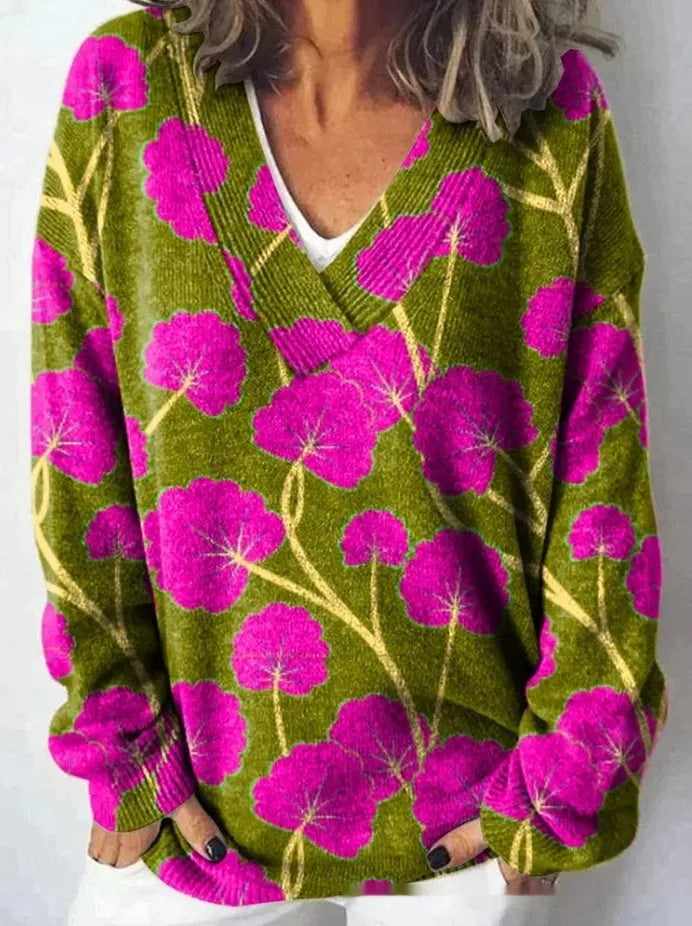 Women's V-neck long sleeve sweatshirt with a 3D floral print pattern.