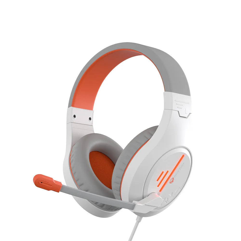 Wired gaming headset with adjustable headband and 50mm speakers in black orange, white orange, or white powder colour options